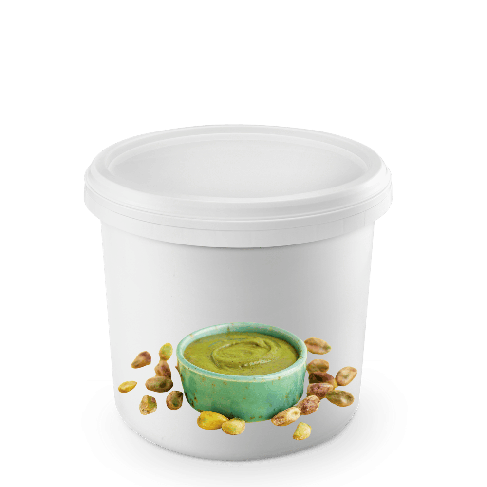 Pasta de fistic Paprica 1 kg, recipient alb cu capac; bol turcoaz cu pasta verde și pistachii alături.